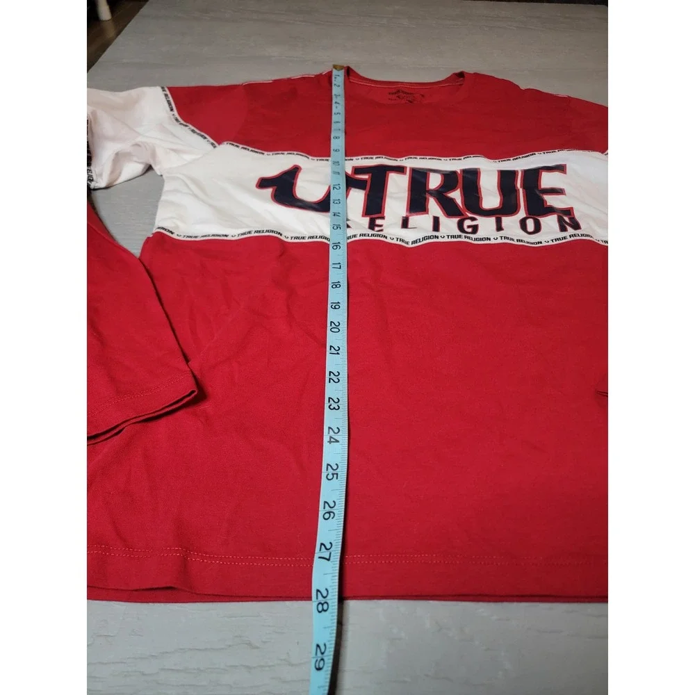 ♡True Religion Mens Long Sleeve T-Shirt Red White‎ Colorblock Logo Graphic Large